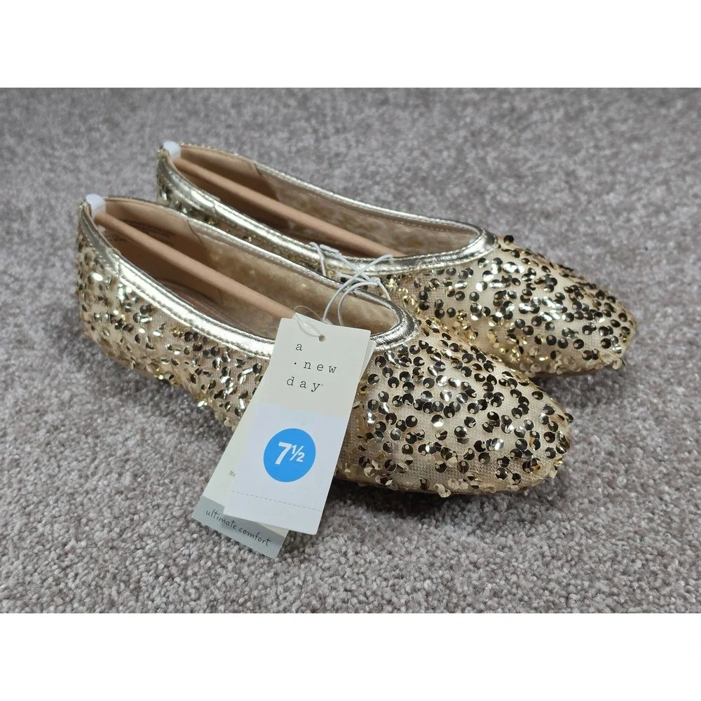 A New Day Sammie Sequin Ballet Flats Champagne Gold Sparkle Shoes 7.5 NEW